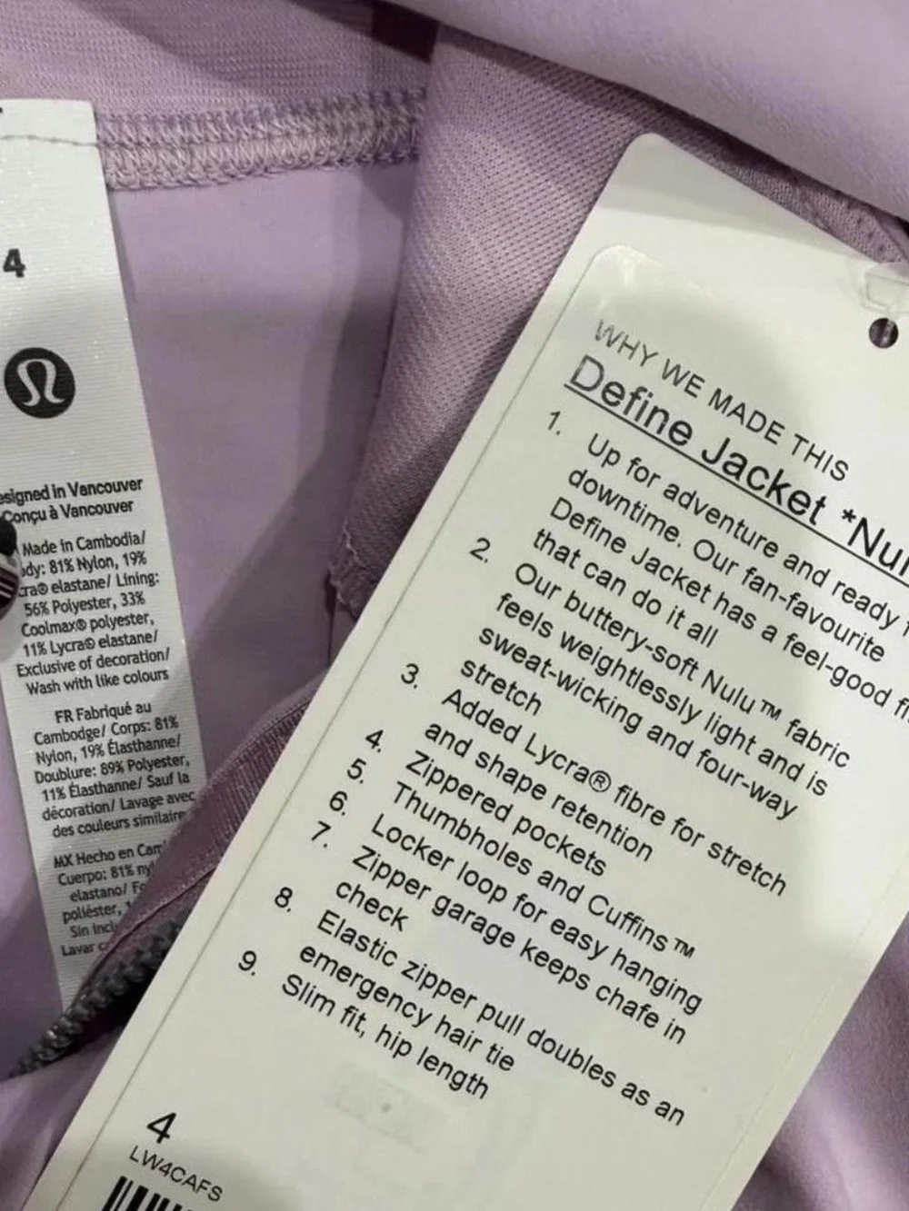 lululemon Define Jacket Nulu in Lilac with Accent Silver Mirror Zippers.